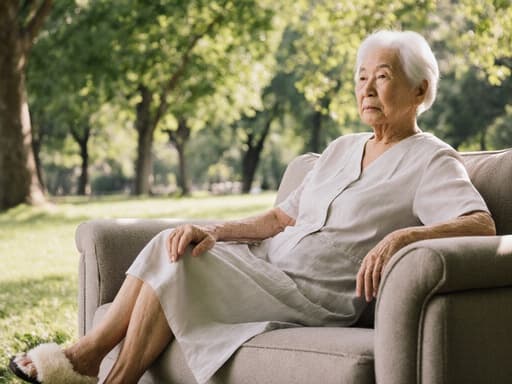 70세 아시아계 여성이 평화로운 공원 배경에서 소파에 편안하게 앉아 있는 반신 사진이 담겨 있습니다. 편안한 원피스와 슬리퍼를 착용하고 무관심한 표정을 지으며 나무 그늘에 둘러싸여 있습니다.