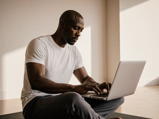 편안한 요가복을 입은 40대 아프리카계 남성이 반신 샷으로 노트북을 사용하여 요가 강의 자료를 정리하는 모습이 보입니다. 그는 세련된 표정을 지으며 자연광이 가득한 아늑한 요가 스튜디오에 위치해 있어 초대하고 평화로운 분위기를 자아냅니다.