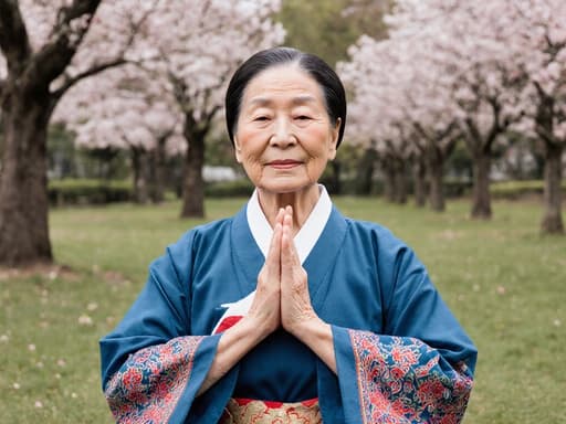 아름다운 공원에서 자연에 둘러싸인 전통 한복을 입고 요가 자세를 취하며 차분한 표정을 짓고 있는 80대 백인 여성의 반신 사진입니다.
