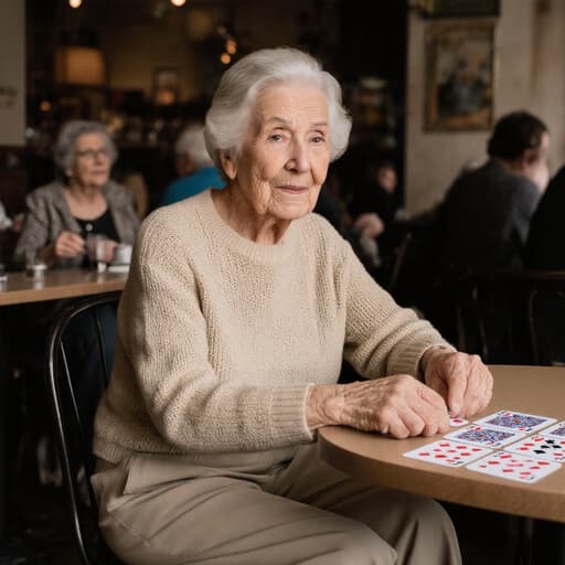80대 백인 여성의 반신 사진으로, 자연스러운 외모를 지니고 있으며 편안한 니트 스웨터와 슬랙스를 착용하고 있습니다. 그녀는 아늑한 카페 테이블에 크로스 레그로 앉아 카드 게임을 하며 외로운 표정을 짓고 있습니다. 배경에는 다른 손님들이 있어 카페의 따뜻한 분위기를 더하고 있습니다.