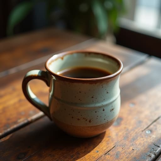질감이 있는 러스틱 세라믹 머그컵 클로즈업, 커피가 담겨 있으며 빈티지 카페 테이블 위에 놓여져 있고, 아늑하고 초대하는 느낌.