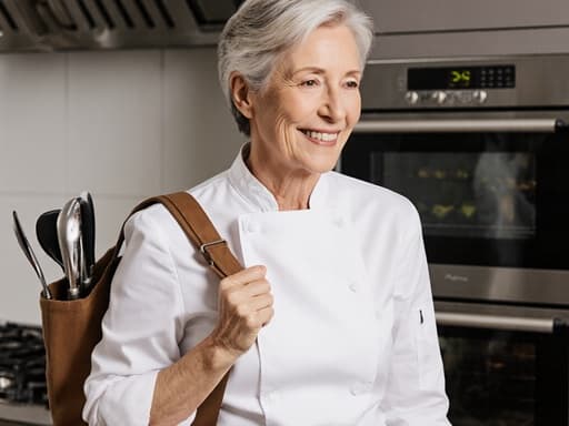 편안한 미소를 지으며 요리에 집중하는 60대 백인 여성의 반신 사진으로, 흰색 요리사 복과 앞치마를 착용하고 있으며, 한쪽 어깨에 요리 도구가 담긴 가방을 메고 있습니다. 배경에는 오븐이 있는 주방이 있으며, 요리의 따뜻하고 초대하는 분위기를 자아냅니다.