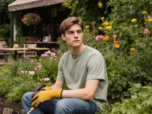 10대 후반의 백인 남성이 푸르른 정원에 편안한 티셔츠와 청바지를 입고 작업용 장갑을 끼고 앉아 있습니다. 한 손에는 정원 도구를 들고 다리를 뻗은 채로 주변의 생기 넘치는 식물과 꽃들을 무관심하게 바라보고 있으며, 배경에는 아기자기한 카페가 보이며 평화로운 분위기를 자아냅니다.