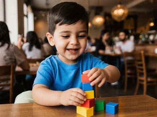 아늑한 카페에서 나무 테이블 위에 블록을 쌓고 있는 귀여운 1세 남성 중동계의 반신 사진. 그는 파란색 티셔츠와 연한 바지를 입고 있으며, 즐거운 표정을 지으며 집중하고 있다. 주변에는 다른 손님들이 있어 활기찬 분위기를 더하고 있다.