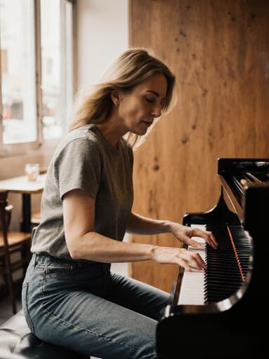 40대 유럽계 여성의 전신 샷으로, 티셔츠와 청바지를 편안하게 입고 차가운 표정을 지으며 악기를 연주하기 위해 점프하는 모습이 아늑한 카페에서 음악 작곡에 몰두하는 분위기를 담고 있습니다.