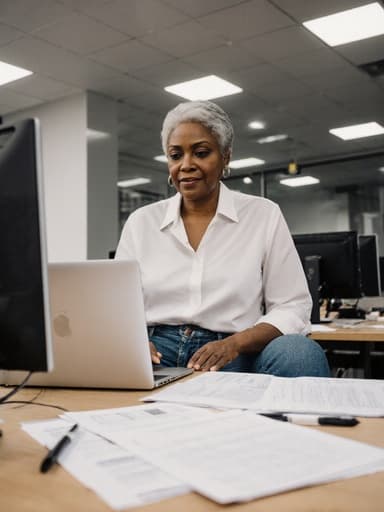 50대 흑인 여성이 편안한 블라우스와 청바지를 입고 컴퓨터 책상에 앉아 연구에 몰두하고 있습니다. 그녀는 노트북에 연구 자료를 타이핑하며 여유롭고도 결단력 있는 표정을 짓고 있습니다. 배경에는 다양한 연구 자료가 놓인 컴퓨터실이 있어 지적 헌신의 분위기를 자아냅니다.