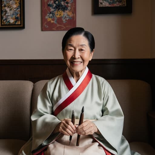 80대 백인 여성의 반신 사진으로, 전통 한국식 한복을 입고 아늑한 소파에 앉아 전통 공예 도구를 들고 고마운 미소를 짓고 있습니다. 카페 배경은 전통 공예 작품들이 장식된 벽으로, 문화적이고 따뜻한 분위기를 조성합니다.