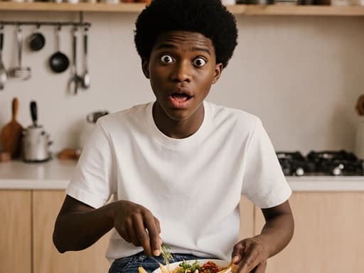 한 젊은 흑인 남성이 주방에서 요리를 하며 놀란 표정을 짓고 있습니다. 그는 편안한 티셔츠와 청바지를 입고 테이블에 앉아 있으며, 한 손으로 재료를 들고 있습니다. 배경은 잘 정리된 아늑한 주방으로 따뜻하고 초대하는 분위기를 반영합니다.