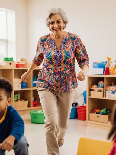 50대 라틴계 여성이 화사한 튜닉과 편안한 바지를 입고, 밝고 활기찬 학습실에서 아이들과 함께 놀이를 하며 달리는 모습의 전신 사진입니다. 그녀의 표정은 고급스러움과 자신감을 드러냅니다.