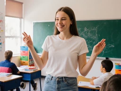아늑한 교실에서 친근하게 학생들과 소통하는 10대 후반 백인 여성 교사가 따뜻하게 미소를 짓고 있으며, 편안한 티셔츠와 청바지, 운동화를 입고 손을 흔들며 춤추는 모습입니다.
