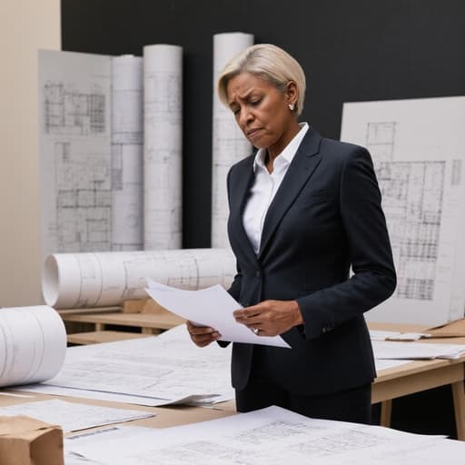 50대 아프리카계 여성이 전문가 느낌의 정장을 입고 서 있는 모습의 반신 사진입니다. 모델링실에는 다양한 건축 도면과 샘플이 놓여 있으며, 그녀는 문서를 들고 스트레스를 받은 표정을 지으며 건축 설계에 참여하고 있는 모습을 강조합니다.