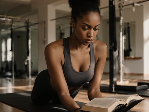 이 이미지는 자연스러운 외모를 지닌 20대 혼혈 여성이 편안한 필라테스 의상을 입고 필라테스 매트 위에서 책을 읽고 있는 모습의 반신 촬영입니다. 그녀는 집중하는 표정을 지으며 약간 찡그린 모습입니다. 배경은 아름답고 평화로운 필라테스 수업실로, 차분하고 집중할 수 있는 분위기를 만들어냅니다.