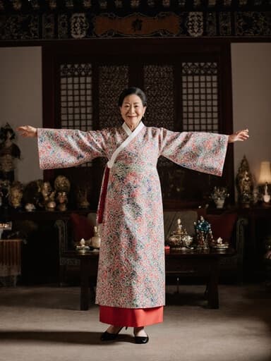 70대 한국인 여성이 화려한 자수가 돋보이는 전통 한복을 입고, 양팔을 길게 뻗고 발을 살짝 들어올리며 우아하게 춤추고 있습니다. 그녀의 표정은 지혜로운 미소로 삶의 경험을 드러내고 있으며, 전통 장식품으로 가득 찬 아늑한 거실을 배경으로 따뜻한 분위기를 자아내고 있습니다.