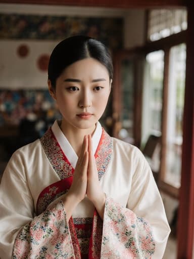 20대 한국인 여성의 반신 촬영으로, 전통 한복을 입고 약간 의기소침한 표정을 지으며 무용을 준비하며 인사하는 자세를 취하고 있는 모습으로, 무용 연습실처럼 꾸며진 밝은 거실을 배경으로 하고 있습니다.