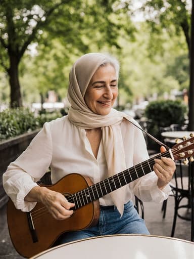 50대 중동계 여성이 자연스러운 외모로 반신 샷을 찍고 있습니다. 그녀는 편안한 블라우스와 청바지를 입고 있으며, 가벼운 스카프가 목에 세련되게 걸쳐져 있습니다. 그녀는 카페 테라스에 여유롭게 앉아 테이블 위에 놓인 악기를 연주하며, 매력적인 미소를 지으며 음악에 몰입하고 있습니다. 배경은 나무가 우거진 공원이 보이는 카페 테라스로, 그녀의 편안한 자세와 잘 어우러지는 고요하고 매력적인 분위기를 만들어냅니다.