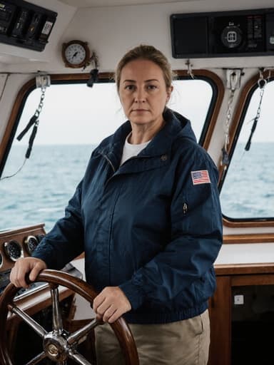 30대 백인 여성의 반신 촬영으로, 바람막이 재킷과 작업용 바지를 입고 어선의 휠을 자신감 있게 잡고 카메라를 무관심하게 바라보고 있습니다. 배경은 바다를 배경으로 한 어선 내부와 간단한 장비들이 배치되어 있어 차분하고 전문적인 분위기를 강조합니다.