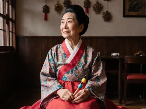 70대 혼혈 여성의 반신 상반신 사진으로, 전통 한복을 입고 아늑한 카페 바닥에 앉아 있습니다. 그녀는 손에 전통 놀이 도구를 들고 무관심한 표정으로 주변을 바라보고 있으며, 전통 장식으로 꾸며진 벽이 문화적인 분위기를 더욱 강조하고 있습니다.