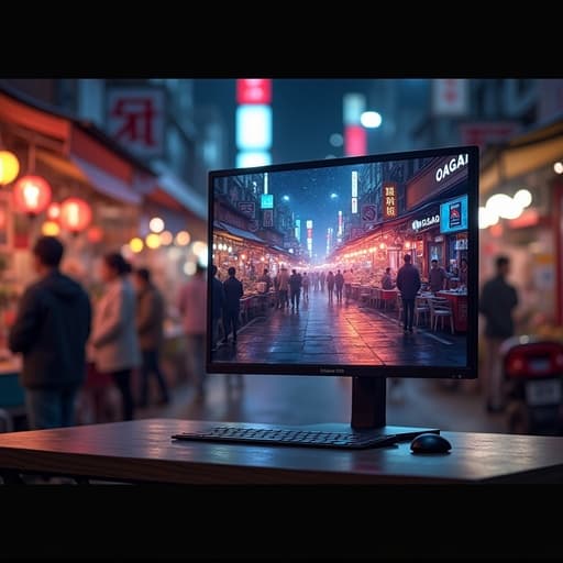 모니터, 디지털 기기, 야시장 거리에 둘러싸인 따뜻한 분위기의 조명.