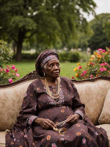 전통 아프리카 드레스를 입은 80세 흑인 여성이 소파에 앉아 전통 공예 도구를 들고 있으며, 외로운 표정을 짓고 있는 반신 촬영. 배경은 나무와 꽃들로 가득한 아름다운 공원으로, 조화롭고 매력적인 분위기를 연출합니다.