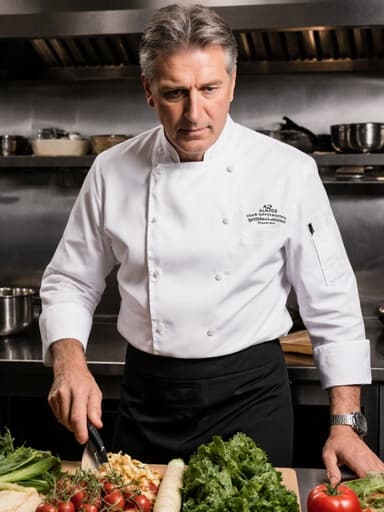 40대의 유럽계 남성이 깨끗한 흰색 요리사 복과 검정색 앞치마를 착용하고, 모던한 식당 주방에서 조리 도구와 신선한 재료로 가득한 모습으로 요리 재료를 향해 우아하게 걸어가는 전체 사진, 자신감 넘치는 모습이 드러납니다.