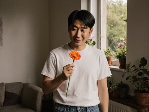 아늑한 거실에서 꽃을 손에 들고 서 있는 30대 아시아계 남성의 반신 사진입니다. 그는 편안한 티셔츠와 청바지를 입고 자연스러운 외모를 지니고 있습니다. 피곤한 기색이 있지만 꽃을 바라보며 약간의 미소를 짓고 있습니다. 배경에는 창가에 여러 화분이 놓여 있어 따뜻하고 아늑한 분위기를 자아냅니다.