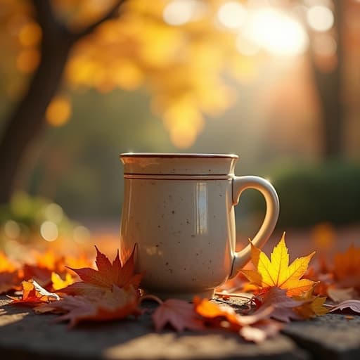 머그컵, 단풍이 물든 가을 정원, 따뜻하고 초대하는 분위기