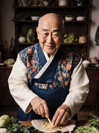 70대의 따뜻하고 친근한 아시아 남성이 전통 한복을 입고 아늑한 거실에서 전통 음식을 위한 재료를 준비하고 있습니다. 그는 부드러운 미소를 지으며 편안한 분위기를 반영하고, 문화 요리의 아름다움을 보여줍니다.