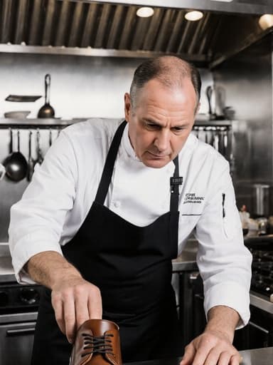 이 이미지는 40대 백인 남성 셰프가 흰색 조리복과 앞치마를 착용하고 신발을 신는 모습으로, 깔끔하게 정돈된 레스토랑 주방과 다양한 요리 도구들이 배경에 있는 장면입니다. 이 장면은 전문성과 음식 품질 관리에 대한 자신감을 전달합니다.