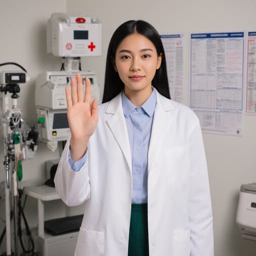 10대 후반의 라틴계 여성이 의사 가운을 입고 의료 사무실에서 의료 기기와 차트가 있는 배경 속에서 상대방에게 손을 살짝 들어 인사하며 전문적이고 친근한 모습을 담고 있습니다.