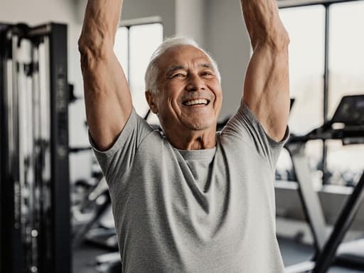 60대의 혼혈 남성이 운동복을 입고 현대적인 피트니스 공간에서 기구들 사이에서 행복한 표정을 지으며 팔을 위로 쭉 뻗고 건강한 삶에 대한 긍정적인 태도를 표현하고 있습니다.