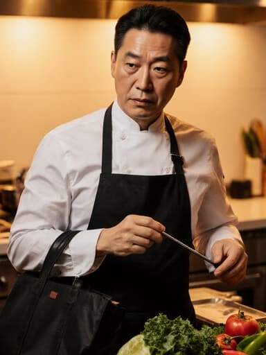 세련된 셔츠와 주방용 앞치마를 착용한 40대 아시아계 남성이 한 손에 가방을 메고 다른 손에는 요리 도구를 들고 긴장한 표정으로 집중하고 있는 모습이 활기찬 주방 배경 속에 담겨 있습니다.
