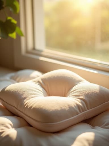 아침 햇살이 비치는 창가에 놓인 선케어 쿠션의 클로즈업, 따뜻하고 매력적인 분위기.