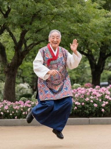 이미지에는 전통 한복을 입고 생기 넘치는 모습의 노인 한국 남성이 전통 놀이를 즐기며 활기차게 뛰어오르는 모습이 담겨 있습니다. 배경은 푸른 나무와 화려한 꽃들로 가득한 공원입니다.