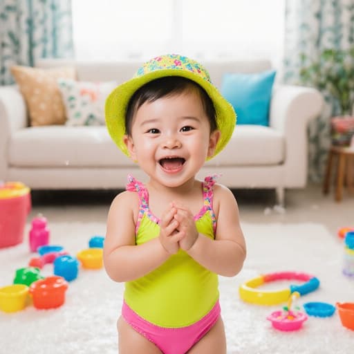 밝은 색상의 수영복과 모자를 쓴 즐거운 표정을 짓고 있는 1세의 동양인 여아가 물놀이 장난감으로 가득 찬 거실에서 두 손을 모으고 서 있는 모습으로, 생기 넘치고 장난기 가득한 분위기가 연출되어 있습니다.