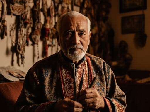 이 이미지는 전통 공예 복장을 입고 공예 도구를 들고 평온한 표정을 짓고 있는 혼혈의 80대 남성을 담고 있으며, 전통 공예품들이 진열된 아늑한 거실을 배경으로 따뜻하고 초대하는 분위기를 연출합니다.