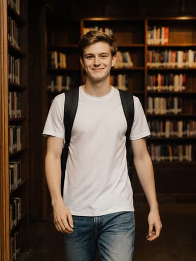 아늑한 도서관을 배경으로, 캐주얼한 티셔츠와 청바지를 입고 배낭을 메고 자연스럽게 걷고 있는 20대 백인 남성의 반신 샷. 그의 얼굴에는 긍정적인 미소가 가득하며, 책장이 가득 찬 도서관의 따뜻한 분위기 속에서 즐거움을 표현하고 있다.