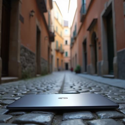 노트북, 디지털 기기, 구시가지의 포장도로, 고요하고 향수를 불러일으킴