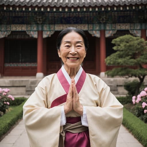 전통 한복을 입고 따뜻한 미소를 지으며 요가 자세를 취하고 있는 80대 아시아계 여성의 반신 촬영. 아름다운 정원과 공원 내 전통 건축물 앞에서 촬영되어, 평온함과 문화유산의 느낌을 자아냄.