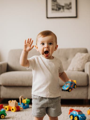 3세의 백인 남성이 귀여운 외모로 반신을 찍은 사진입니다. 편안한 티셔츠와 반바지를 입고 있으며, 배고픈 표정을 지으며 입을 살짝 다물고 눈을 크게 뜨고 있습니다. 장난감 자동차를 들고 인사하는 자세를 취하고 있습니다. 아늑한 거실에서 장난감들이 널부러져 있는 모습이 따뜻하고 초대하는 분위기를 만들어냅니다. 자연스럽고 부드러운 조명이 소년의 순수함과 장난기 가득한 주제를 강조합니다.