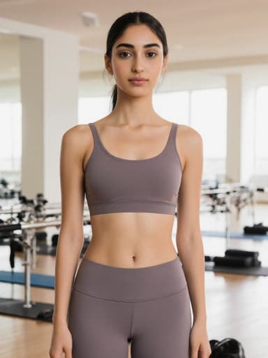 10대 초반의 중동계 소녀가 편안한 요가복을 입고 반신 촬영된 모습입니다. 그녀는 균형감 있게 요가 자세를 취하며 차분하고 무관심한 표정을 짓고 있습니다. 밝고 넓은 운동 공간에는 요가 매트와 필라테스 장비가 배치되어 있어 이미지의 평화로운 분위기를 더욱 강조합니다.