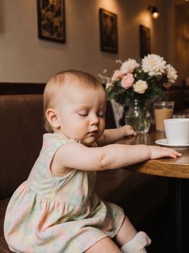 부드러운 파스텔 색상의 원피스를 입고 양말을 신은 귀여운 백인 여성 아기가 카페 테이블에 손을 뻗으며 졸린 표정을 짓고 있는 전신 샷. 장식용 꽃과 음료로 꾸며진 아늑한 카페 내부가 장면의 따뜻하고 초대하는 분위기를 더합니다.