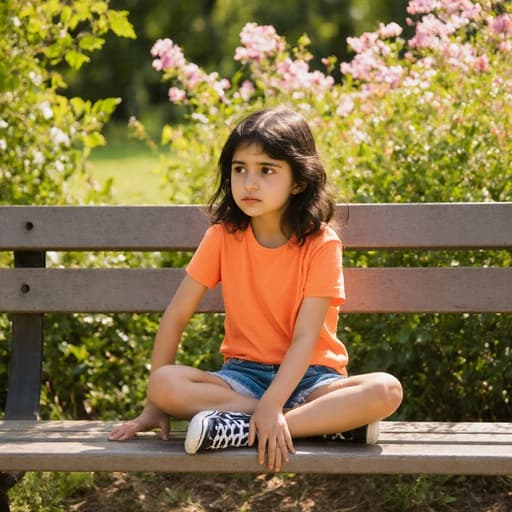 7세의 중동계 여성 아이가 자연스러운 외모로 공원 벤치에 앉아 있는 반신 사진입니다. 밝은 색상의 티셔츠와 반바지를 입고 무릎에 손을 살짝 눌러 지루한 표정을 짓고 있으며, 푸르른 나무와 꽃들로 둘러싸인 화창한 날의 공원에서 촬영되었습니다.