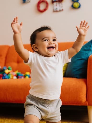 아늑한 거실에서 밝은 색상의 소파와 장난감들로 둘러싸인 귀여운 1세의 라틴계 아기가 편안한 티셔츠와 짧은 바지를 입고 엉덩이를 흔들며 신나게 춤추고 있는 전신 샷으로, 즐거움과 행복을 발산하고 있습니다.
