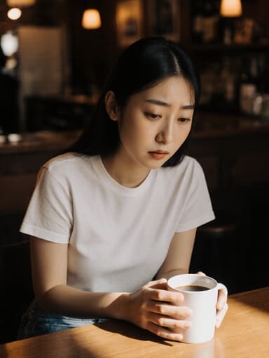 20대 한국인 여성의 반신 샷으로 자연스러운 외모를 보여줍니다. 그녀는 캐주얼한 티셔츠와 청바지를 입고 있으며, 두 손으로 커피 잔을 잡고 약간 움츠린 자세로 아래를 바라보며 불안한 표정을 짓고 있습니다. 배경은 아늑한 바로 따뜻한 조명이 비추는 테이블이 있어 초대하는 분위기를 자아내며 그녀의 감정과 자세를 완벽하게 보완합니다.