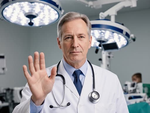 40대 백인 남성이 의사 가운을 입고 청진기를 들고 있는 반신 사진으로, 우울한 표정으로 관람자에게 인사하고 있습니다. 배경에는 수술실의 의료 장비와 밝은 조명이 있어 장면의 임상적인 분위기를 더합니다.