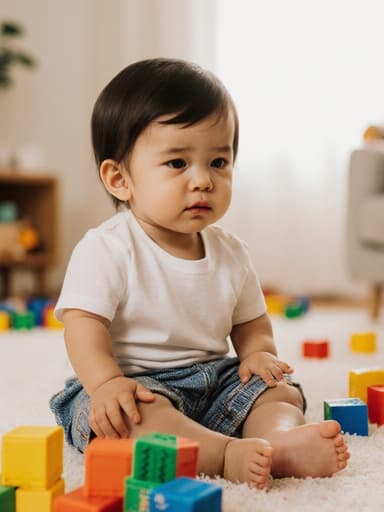밝고 아늑한 거실에 앉아 있는 귀여운 혼혈 1세 남자 아기의 반신 촬영으로, 편안한 티셔츠와 반바지를 입고 있습니다. 그는 지루한 표정을 짓고 눈을 가늘게 뜨고 장난감 블록을 기다리며, 주변에는 다양한 색깔의 장난감이 흩어져 있어 따뜻하고 매력적인 분위기를 만들어냅니다.