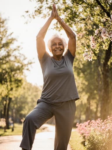 햇살이 따뜻하게 비추는 공원에서 스트레칭하고 있는 80대 흑인 여성의 반신 사진. 편안한 운동복을 입고 평온한 표정을 지으며, 자연 속에서 기분이 좋고 안정된 느낌을 주고 있습니다.