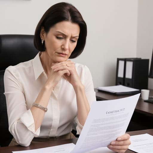 40대 백인 여성이 세련된 비즈니스 복장을 하고 계약서를 신중하게 검토하는 모습의 반신 사진, 깔끔하게 정돈된 사무실 배경.