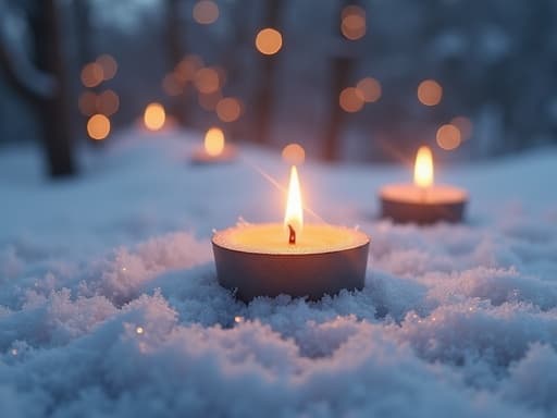 티라이트 캔들, 인테리어소품, 섬세한 서리 무늬가 있는 눈 덮인 표면, 얼음 장식, 평화롭고 아늑한 겨울 원더랜드