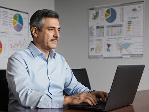 50대 라틴계 남성이 회의실 테이블에 앉아 비즈니스 캐주얼 복장을 하고 있으며, 노트북을 조작하고 있습니다. 배경에는 데이터 분석 관련 차트와 그래프가 걸려 있어 전문적인 회의 환경의 본질을 잘 담고 있습니다.